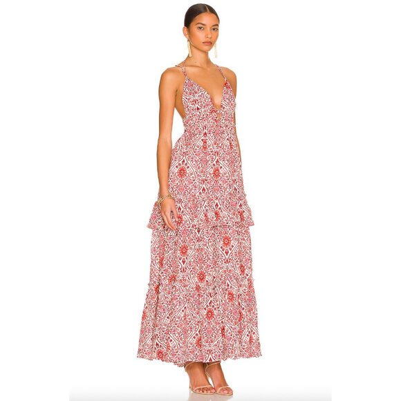 NWT Cami NYC Doris Red Orange White Floral Ruffle Tiered Linen Maxi Dress sz S - Picture 12 of 16